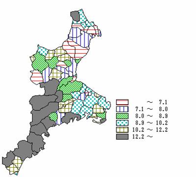 図３　市町村別出生率　平成14年