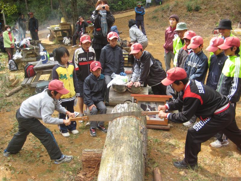 息がピッタリ、丸太切り