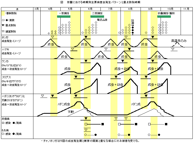 茶園における時期別主要病害虫発生パターンと重点防除時期