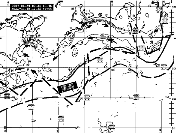 人工衛星海況速報2007-14号（1月29日）による海面水温分布