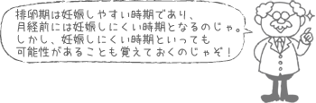 排卵期は妊娠しやすい時期であり、月経前には妊娠しにくい時期となるのじゃ。しかし、妊娠しにくい時期といっても可能性があることも覚えておくのじゃぞ！