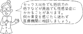 セックス以外でも抵抗力の低下などが原因でも性感染症にかかることがあります。何か異変を感じたら迷わず医療機関に相談しましょう。