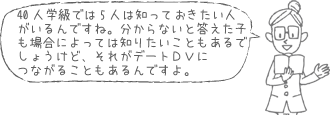 40人学級では5人は知っておきたい人がいるんですね。分からないと答えた子も場合によっては知りたいこともあるでしょうけど、それがデートＤＶにつながることもあるんですよ。