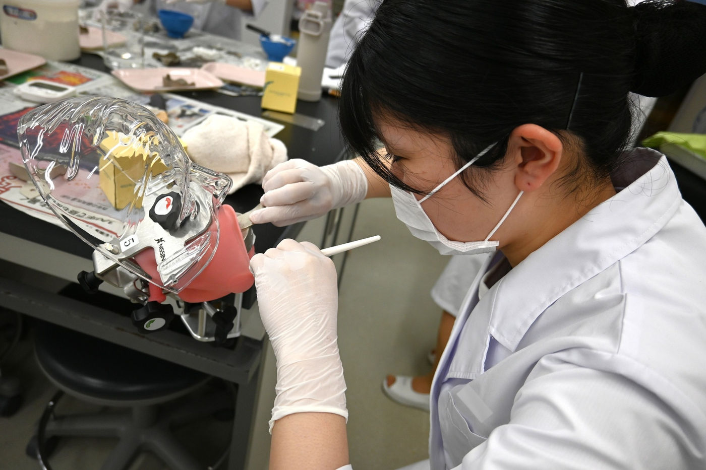 口腔模型で実習する学生